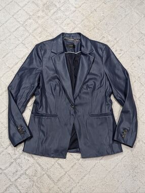 J. Crew Jacket Womens 4 Blue Navy Cutaway Blazer Faux Leather Office Chic